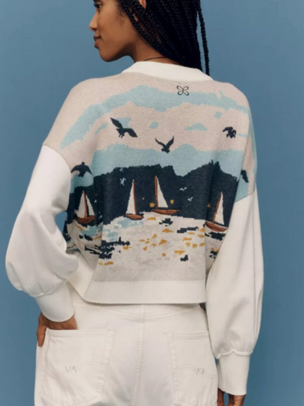 Anthropologie Maeve Nautical Scene Sweater Coastal Lighthouse Seagulls L NWT - Picture 7 of 7